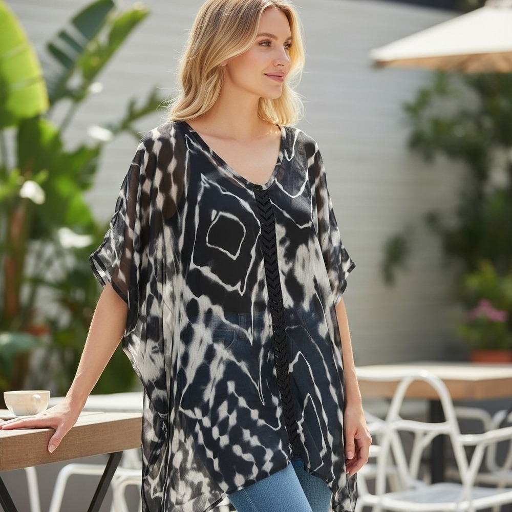 Le Montreux Paris Kimono Swimsuit Coverup Grey Black Tie-Dye V-Neck OS NEW